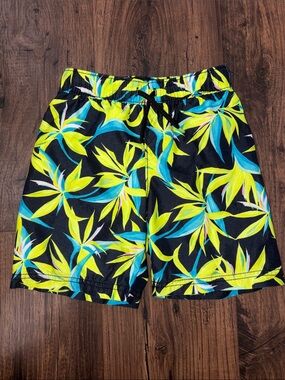Old Navy Black Swim Trunks with Yellow & Teal Tropical Print